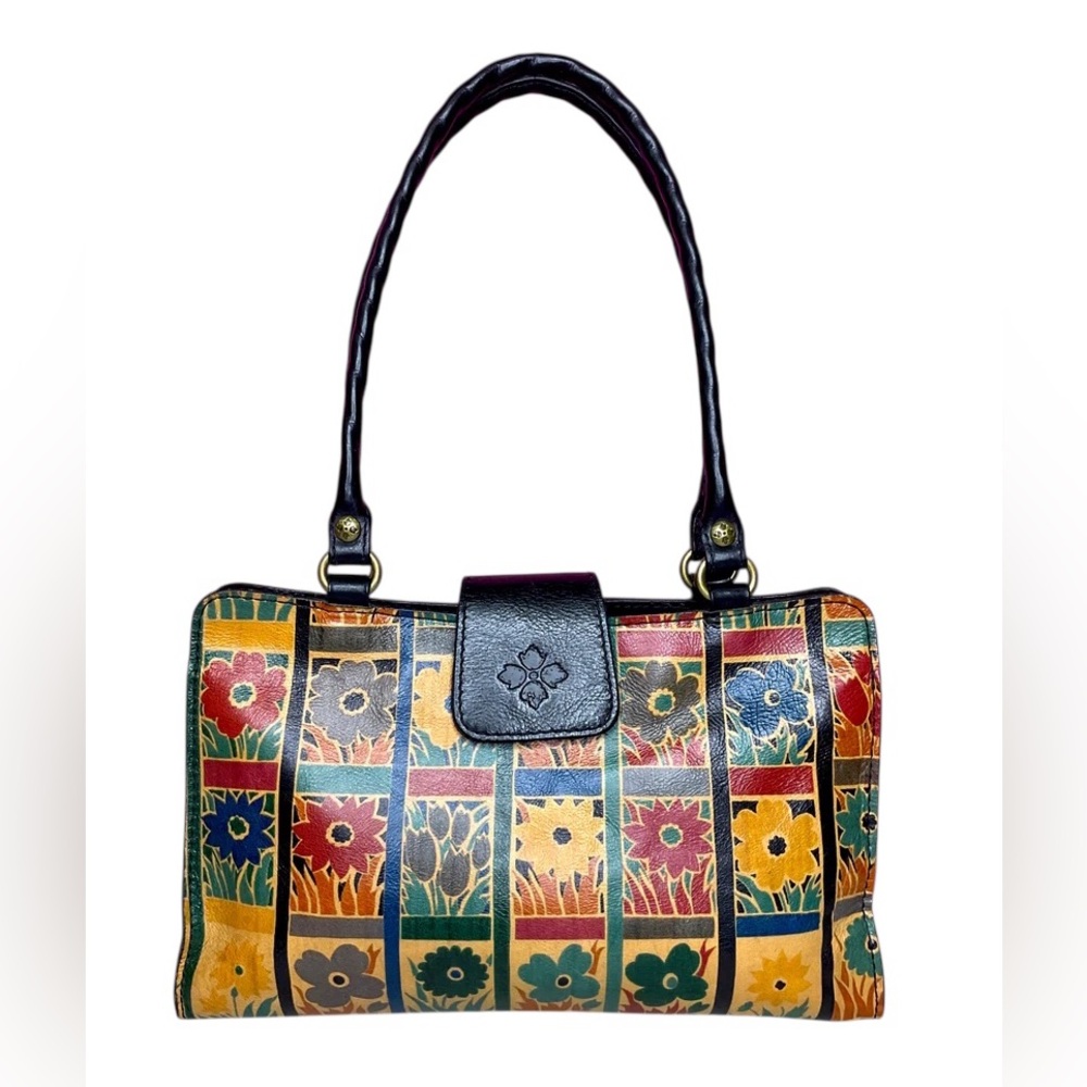 Patricia Nash Rienzo Floral Square Panels Colorful Leather Satchel Handbag Purse
